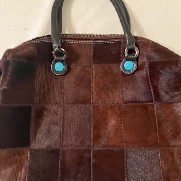 GABS Brown Patchwork Pony Fur  Fabric Tote Convertible - Picture 2 of 5